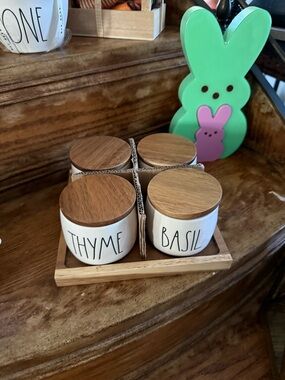 Rae Dunn Set of 4 Ceramic Herb Jars with Wood Lids - Thyme & Basil